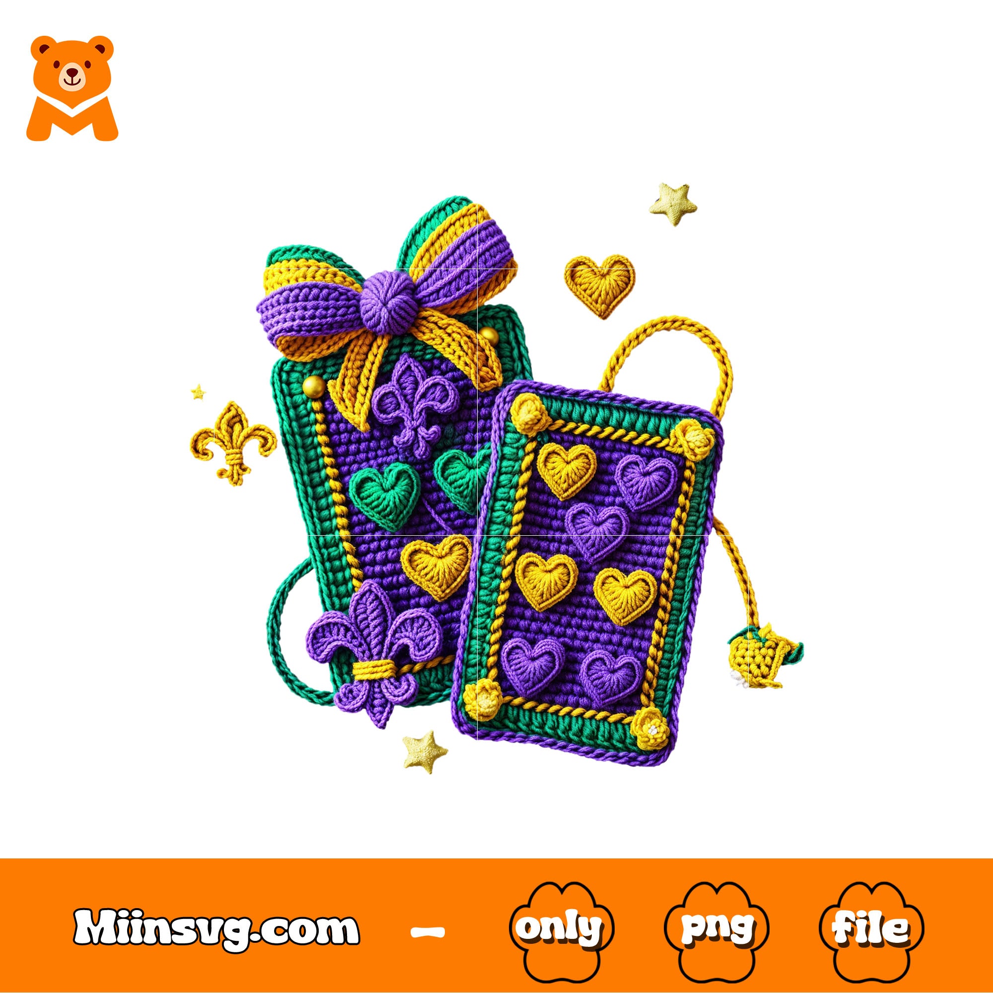 Card and bow faux yarn png, star heart png, Mardi Gras festival png