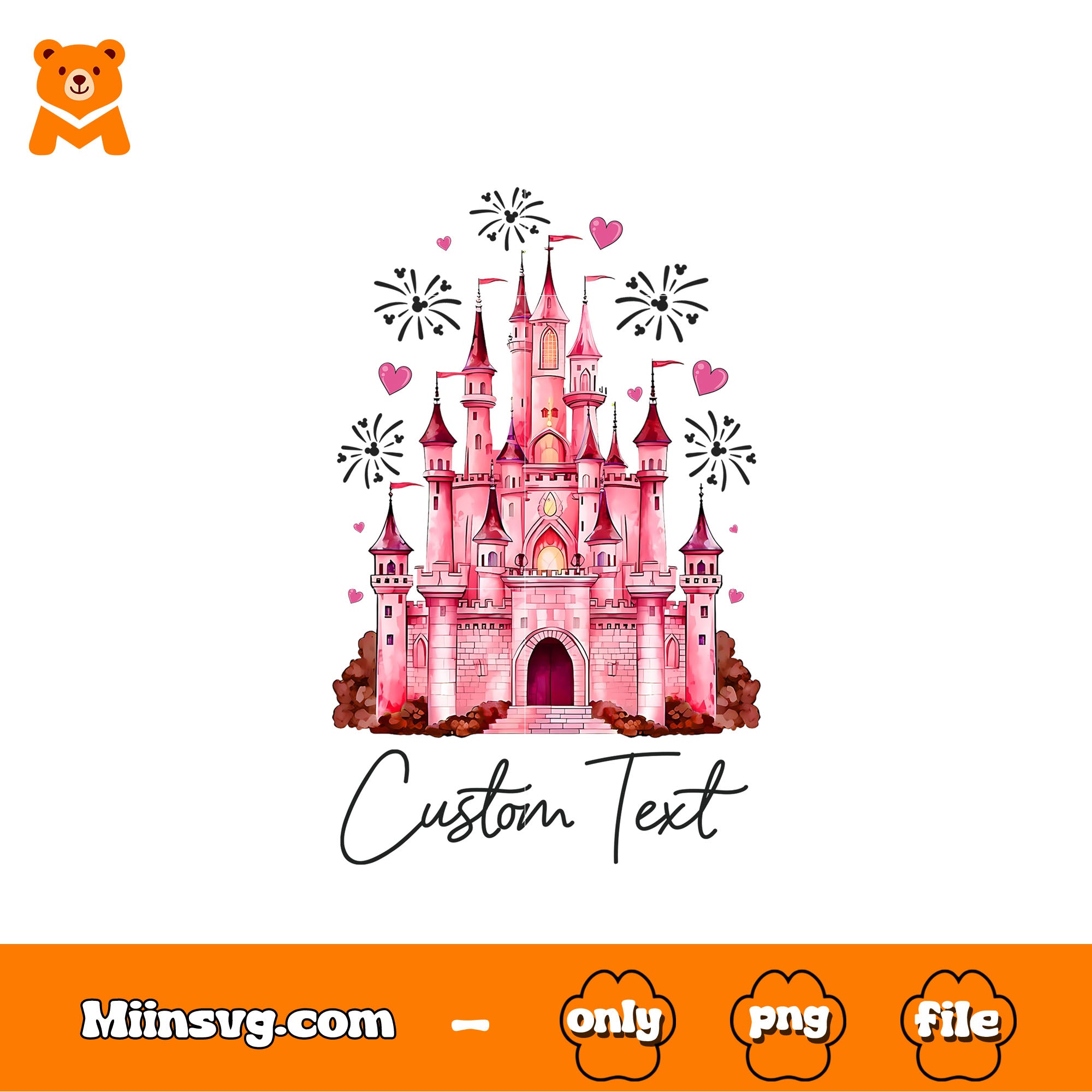 Disney pink castle cutom text png, pink castle valentine png