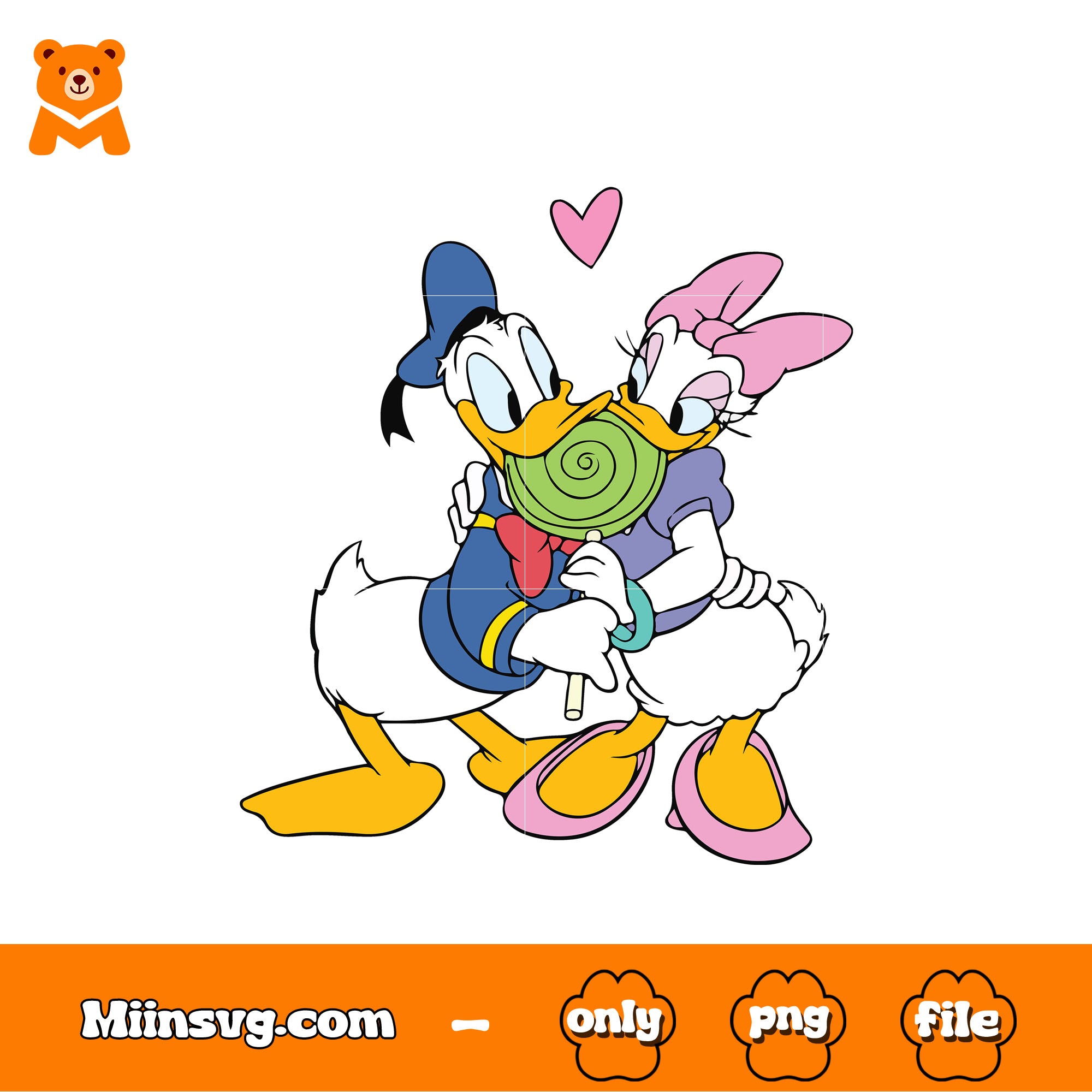 Donald duck couple eat lollipop png, happy valentines day png