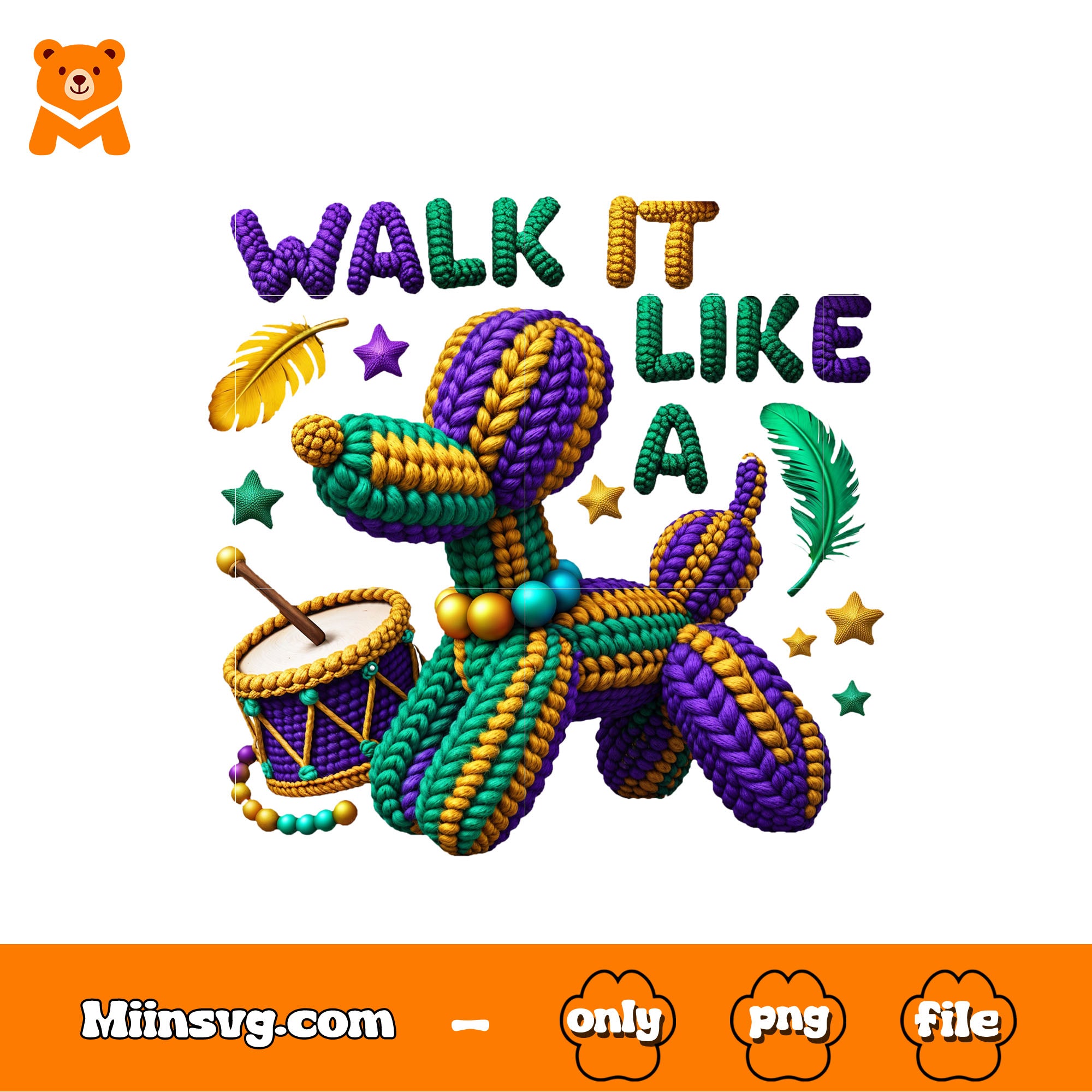 Mardi Gras Balloon Dog png, funny png, Yarn Style Purple Green Gold png