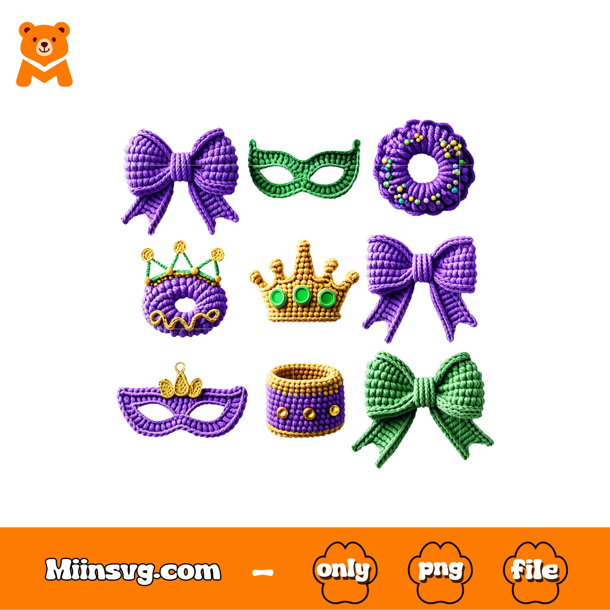 Mardi Gras bow png, King Cake and crown png, Knitted mask png 