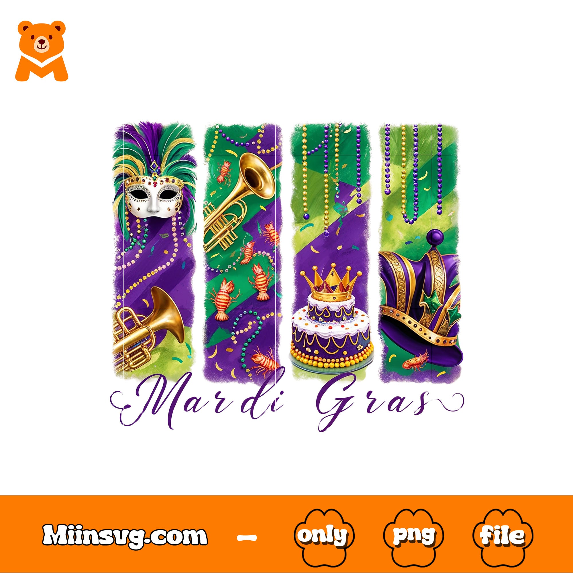 king cake Mardi Gras png, crayfish and mask png, outfit Mardi gras png